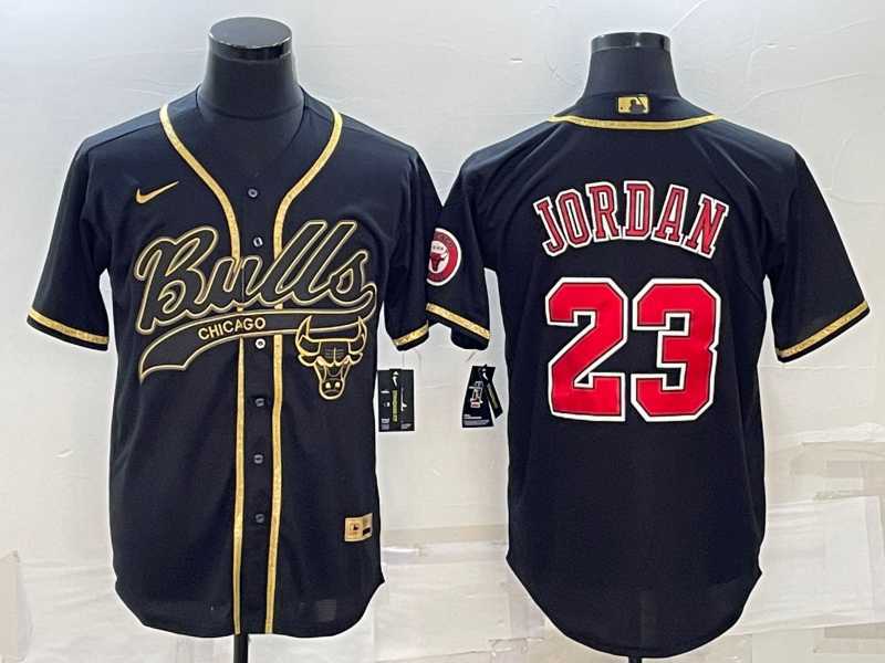 Men%27s Chicago Bulls #23 Michael Jordan Black Gold With Patch Cool Base Stitched Baseball Jersey